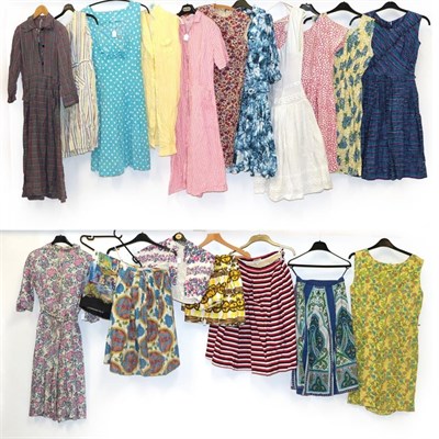 Lot 2048 - Circa 1950s Printed Cotton Dresses and Skirts, comprising a pink and blue floral printed dress with