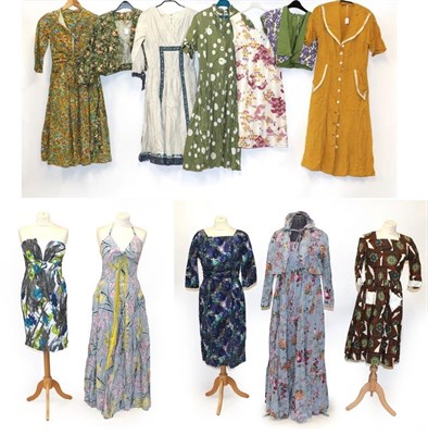 Lot 2049 - Circa 1950's and Later Mainly Printed Cotton Dresses and Skirts, comprising a sage green,...