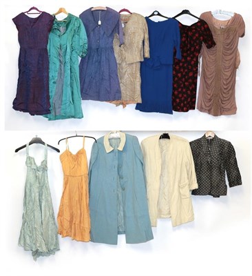 Lot 2050 - Circa 1940/50 Suits, Dresses, Evening Coats, including a royal blue crepe dress with a looped...