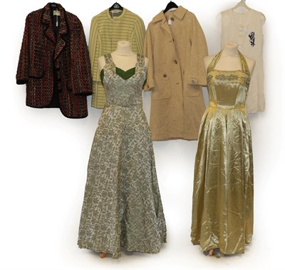 Lot 2052 - A Group of Assorted 20th Century Costume, comprising a silver and green brocade evening dress, with