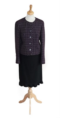 Lot 2072 - Chanel Aubergine Wool Mix Checked Jacket, woven with silver threads, round neck, two patch pockets