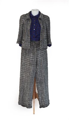 Lot 2074 - Chanel Trouser Suit, in wool, cotton and silk mix petrol blue, white, grey and metallic woven...