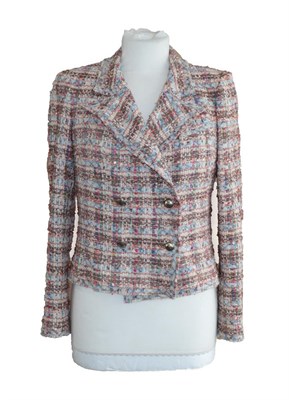 Lot 2077 - Chanel Loose Woven Long Sleeve Jacket, double breasted and woven with metallic threads (size 42)