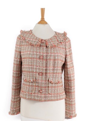 Lot 2078 - Chanel Loose Woven Long Sleeved Jacket, in peach and cream, scooped neck and fringing (size 44)