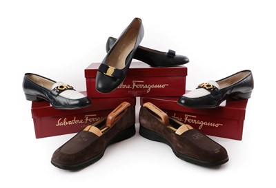 Lot 2103 - Three Pairs of Ladies' Salvatore Ferragamo Shoes Size 7, comprising a pair of navy leather...