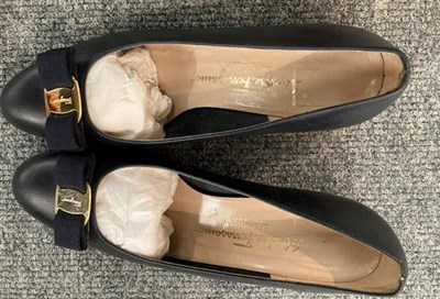 Lot 2103 - Three Pairs of Ladies' Salvatore Ferragamo Shoes Size 7, comprising a pair of navy leather...