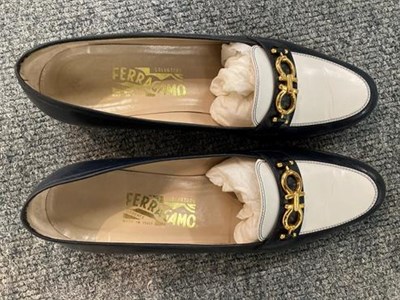 Lot 2103 - Three Pairs of Ladies' Salvatore Ferragamo Shoes Size 7, comprising a pair of navy leather...