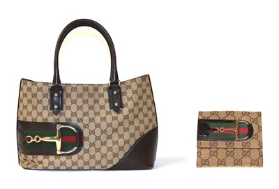 Lot 2127 - Gucci Cherry Line Tote Handbag, in brown logo canvas, with brown leather mounts, Gucci green...