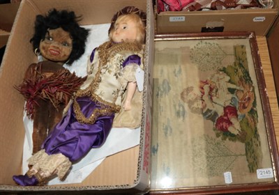 Lot 2145 - Late 19th century wax head doll with blue glass eyes, blond wig, wearing a purple silk outfit,...