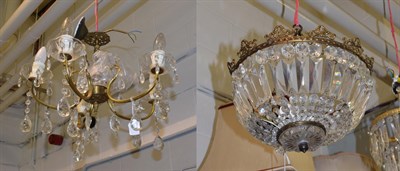Lot 1301 - A lustre-drop bag ceiling light, together with a five-branch chandelier