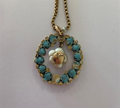 Lot 2132 - An Early 19th Century Diamond, Baroque Pearl and Enamel Pendant on Chain, the circular band of...