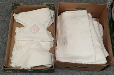 Lot 2181 - Fourteen white damask and other table cloths, including one woven with 'Irish Linen', varying sizes