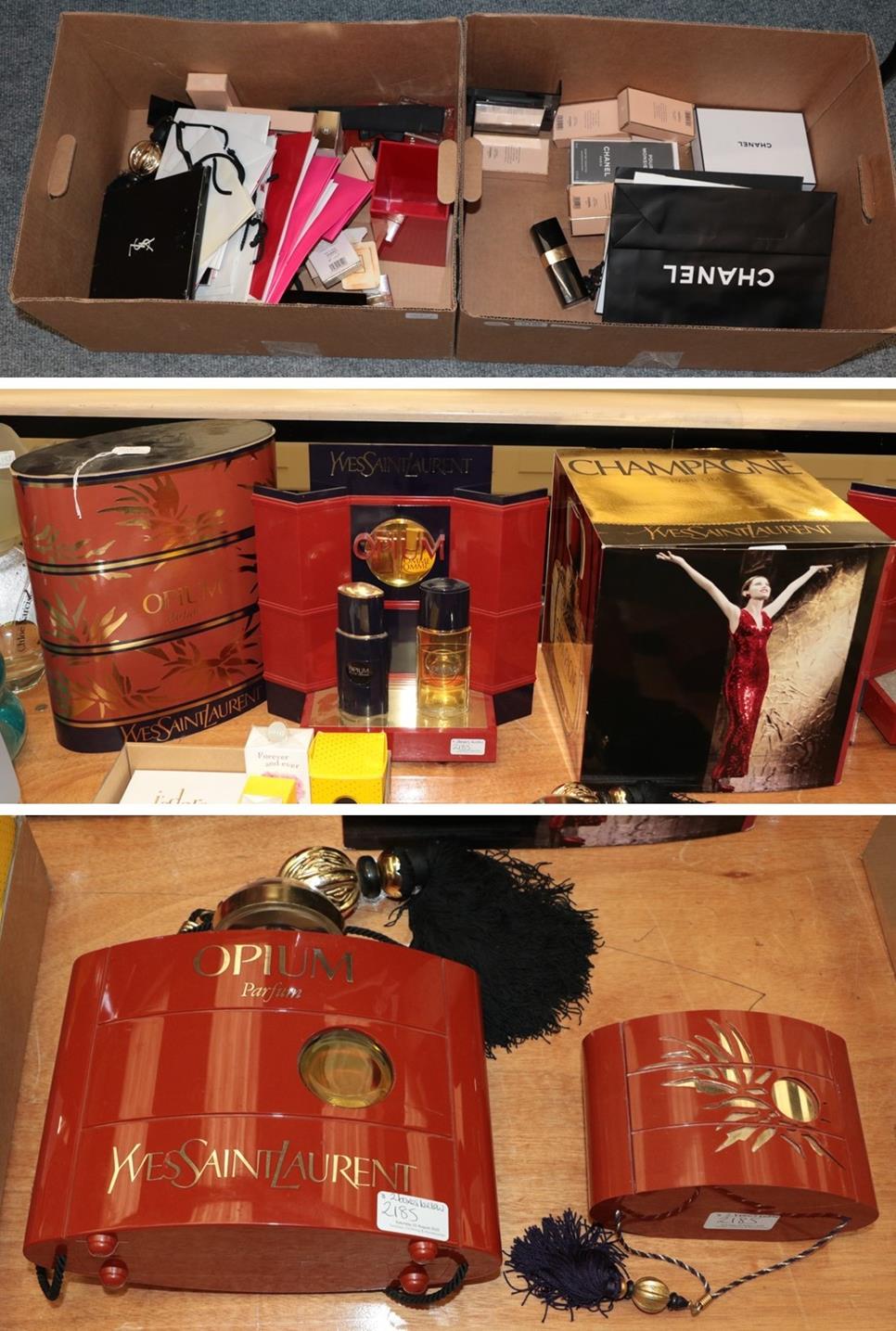 Lot 2185 - Assorted Yves Saint Lauarent Opium advertising boxes, stands and factices; Chanel advertising bags