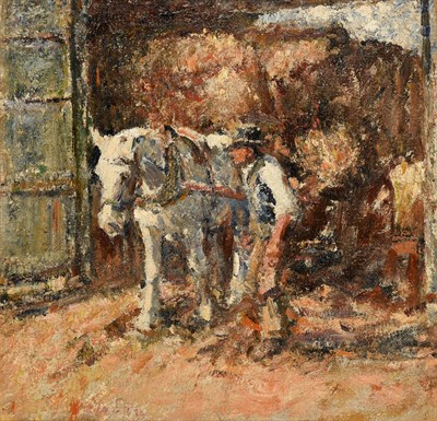 Lot 1102 - Harry Fidler RBA, ROI (1856-1935) Farmhand leading a grey with a hay-cart Signed and dated 1932...