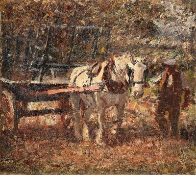 Lot 1104 - Harry Fidler RBA, ROI (1856-1935) Farmhand leading a grey and cart Signed, oil on canvas, 41cm...