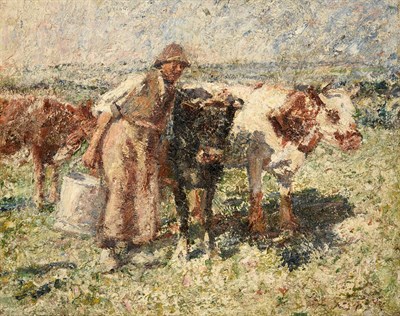 Lot 1105 - Harry Fidler RBA, ROI (1856-1935) Figure tending cattle Signed, oil on canvas, 44cm by 55cm...