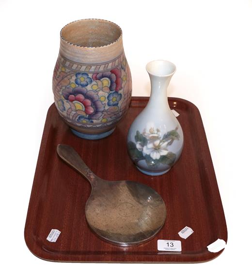 Lot 13 - A Charlotte Rhead vase, Royal Copenhagen floral vase, silver backed hand mirror