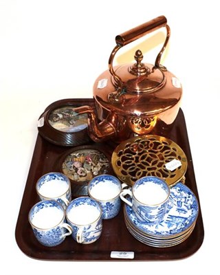Lot 25 - A Spode part coffee set; two Prattware pot lids; a copper kettle and a brass trivet