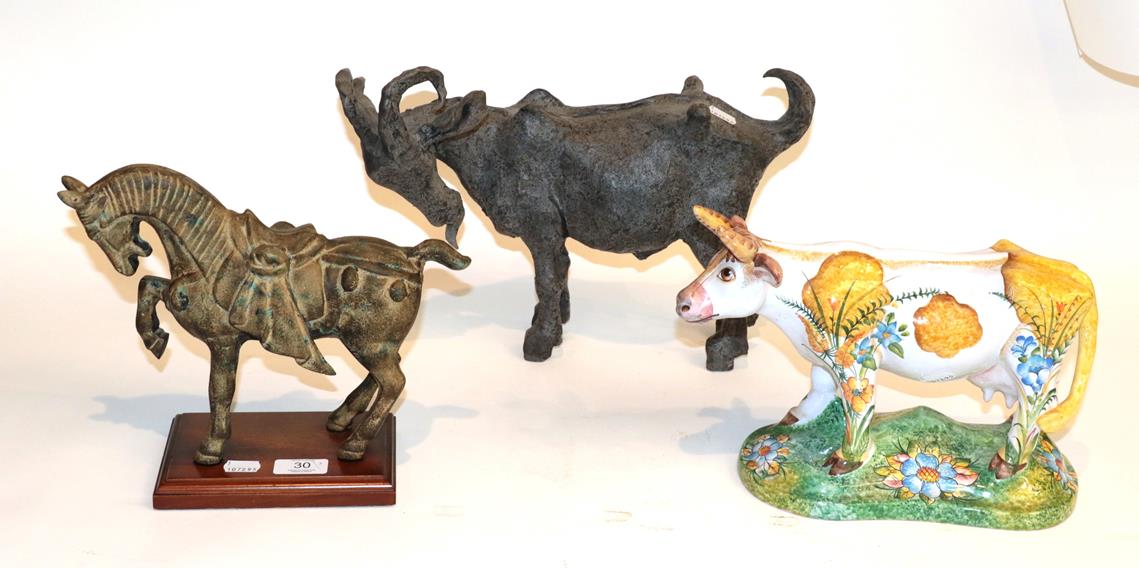 Lot 30 - Studio pottery Billy Goat, Russian tin glazed earthenware cow and a modern Chinese tang style horse