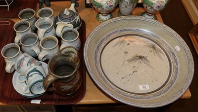 Lot 33 - Group of Andrew Hague pottery, including a charger, mugs and jugs and two Scottish cups and saucers