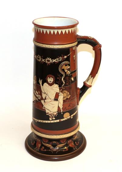 Lot 37 - A large Mettlach ewer, decorated in the Athenian style with scene of Socrates teaching