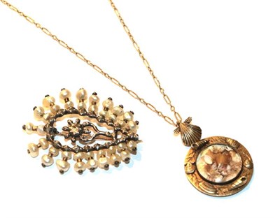 Lot 44 - A shell pendant on chain, pendant length 3.6cm, chain length 43.5cm; and a Georgian diamond and...