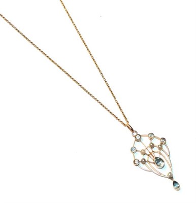 Lot 52 - An aquamarine and a cultured pearl pendant on chain, pendant length 4.8cm, chain length 50.5cm