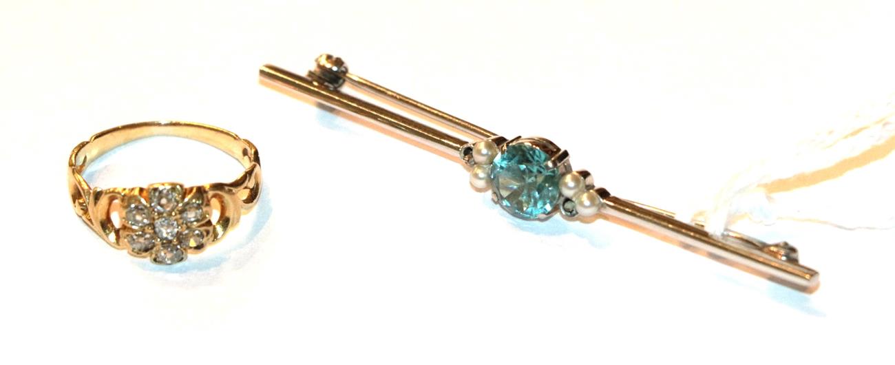 Lot 54 - A diamond cluster ring, unmarked, finger size H; and a blue zircon and seed pearl bar brooch,...