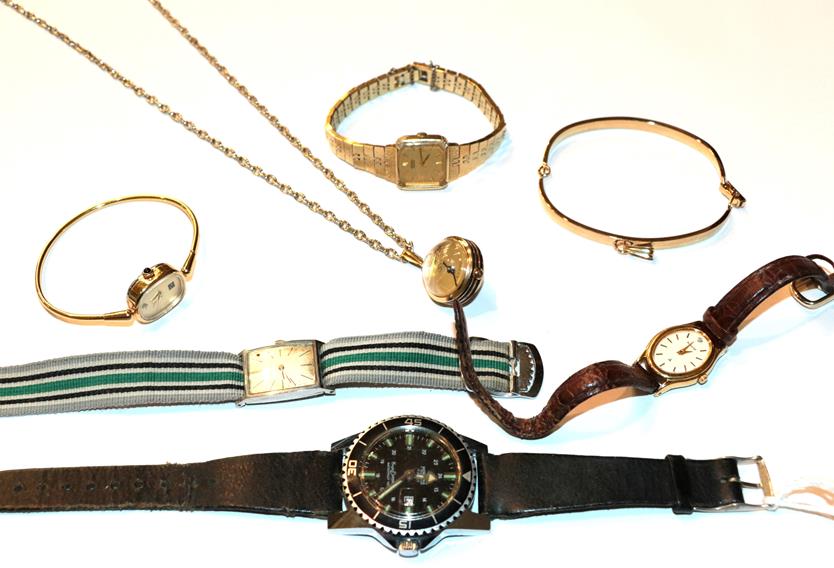 Lot 56 - A collection of wristwatches including a Gucci pendant watch with bangle; a bangle watch; a...