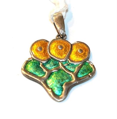 Lot 64 - A silver Charles Horner enamel pendant, enamelled in green and yellow, measures 3.1cm by 2.3cm
