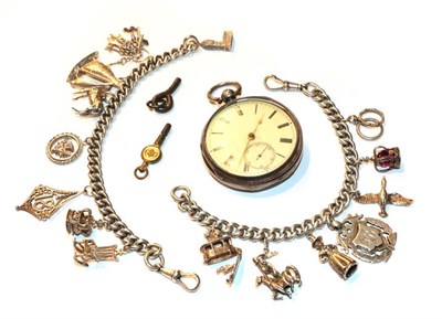 Lot 80 - Gents silver pocket watch and two silver chains with charms