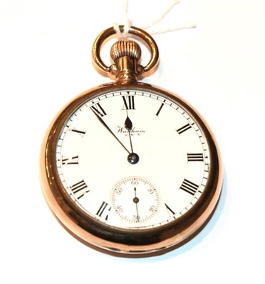 Lot 82 - A 9 carat gold Waltham open face pocket watch, Roman enamel dial, subsidiary second dial,...