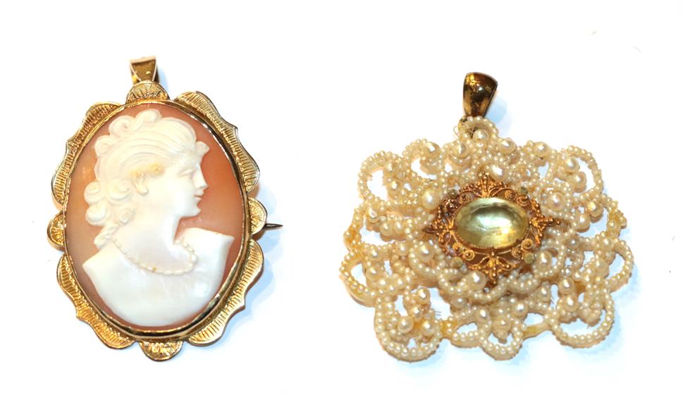 Lot 90 - A seed pearl pendant, measures 4.5cm by 4.7cm (a.f.); and a cameo brooch/pendant, frame stamped...