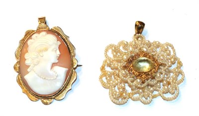 Lot 90 - A seed pearl pendant, measures 4.5cm by 4.7cm (a.f.); and a cameo brooch/pendant, frame stamped...