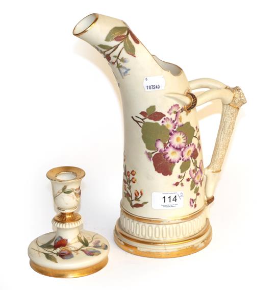 Lot 114 - A Royal Worcester blush ivory ewer and candlestick (2)