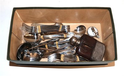 Lot 121 - Silver and leather hip flask, quantity of silver plated gilt cutlery stamped Willhiem and a...