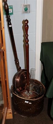 Lot 126 - Two bed warming pans, log and coal buckets and a brass lamp