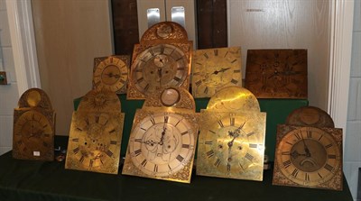 Lot 127 - ~ Nine 18th century longcase clock brass dials and movements, comprising, five thirty hour...
