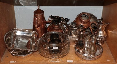 Lot 146 - A shelf of assorted plated and copper wares