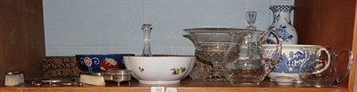 Lot 152 - A shelf of assorted China and glass ware and a faux tortoiseshell and silver dressing table set