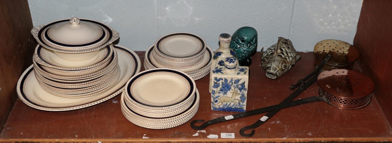 Lot 156 - Two chestnut roasters, Poole pottery owl, Japanese fish, Solian pottery dinner service and two...