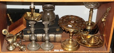 Lot 172 - A shelf of assorted brass ware, a bible and pewter ware, etc