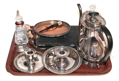Lot 173 - A tray of plated wares, including chamber sticks and a silver and enamel mounted scent bottle etc