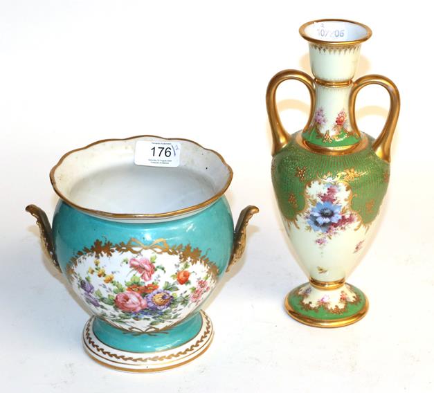 Lot 176 - A Continental cache pot with floral and gilt decoration and a Dresden floral green and gilt...