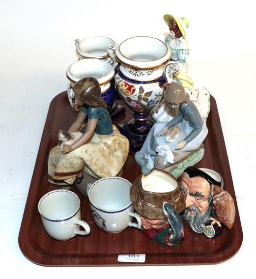 Lot 181 - Tray of assorted ceramics including garniture, 19th century porcelain vases, Lladro etc