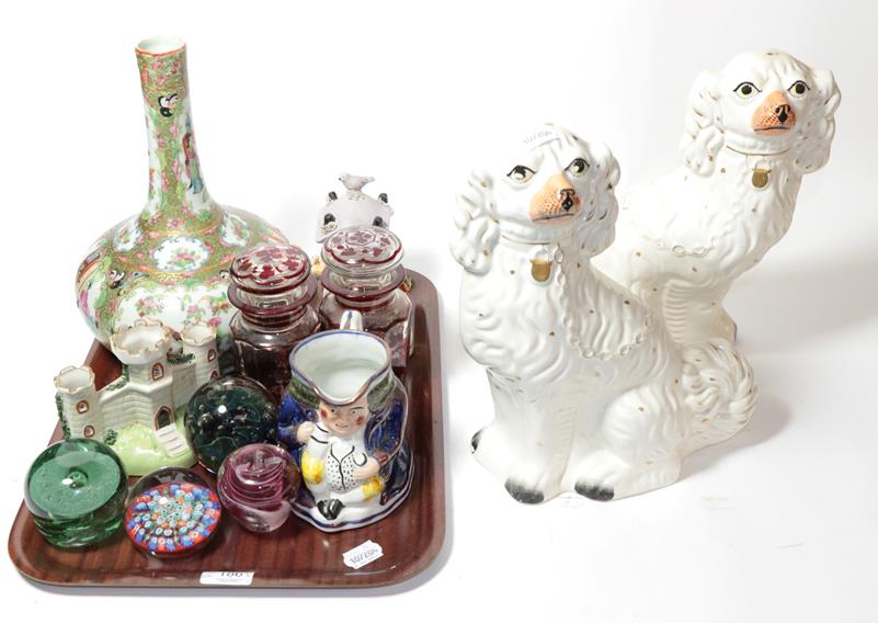 Lot 186 - A pair of Staffordshire spaniels, a tray and a box of assorted China and glass ware, etc