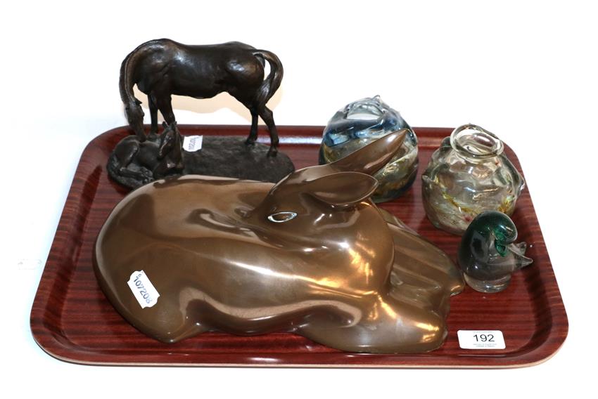 Lot 192 - A Richard Fischer bronze fawn, a Spelter group of mare and foal, two studio glass vases and a small