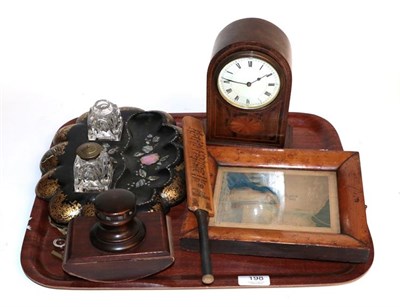 Lot 198 - A tray including am inlaid mantel timepiece, blotter, papier mache inkwell, etc