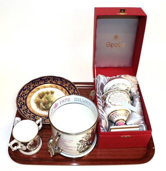 Lot 203 - A tray of 20th century ceramics including a commemorative twin handled mug to commemorate the...