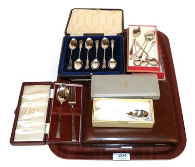 Lot 204 - A collection of flatware, comprising a cased set of tea-knives; a cased set of six teaspoons;...